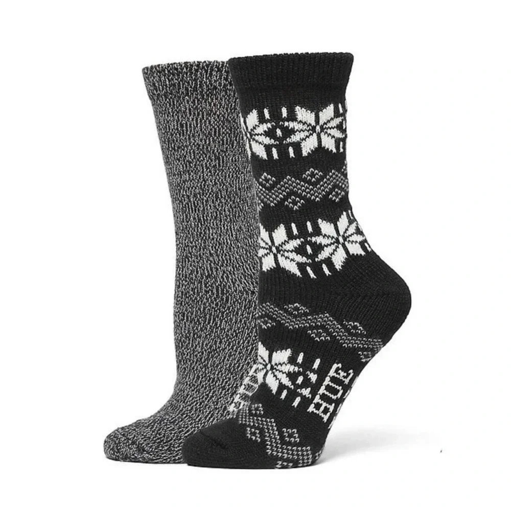 Hue Womens 2-Pack Heavy Weight‎ Boot Socks Black Fair Isle Marled Grey New